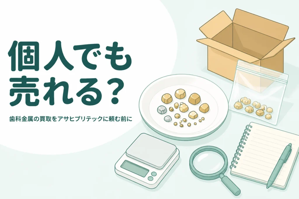 小皿の上の金色と銀色の金属片と小袋、段ボール箱、「個人でも売れる？」の文字