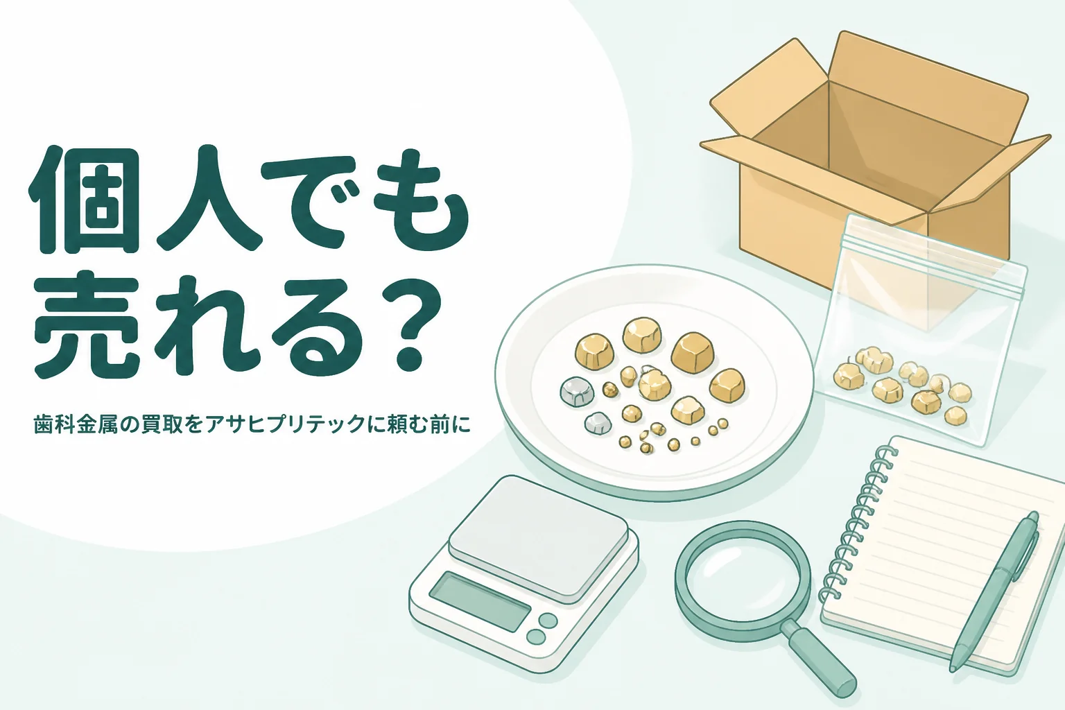 小皿の上の金色と銀色の金属片と小袋、段ボール箱、「個人でも売れる?」の文字