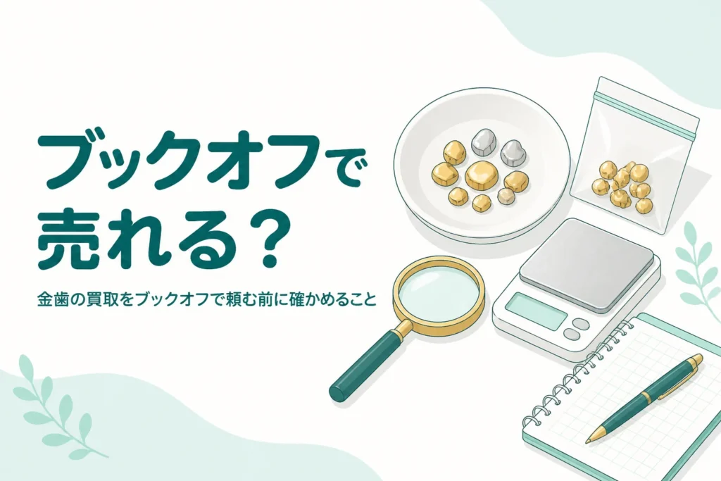 小皿の上の金色と銀色の金属片と小袋、「ブックオフで売れる？」の文字