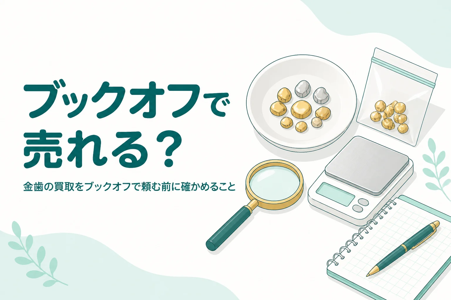 小皿の上の金色と銀色の金属片と小袋、「ブックオフで売れる?」の文字