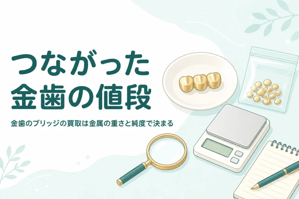 小皿の上の横につながった金色の金属片とはかり、「つながった金歯の値段」の文字