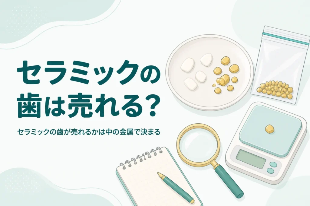 小皿の上の白い陶器のかけらと金色の金属片、小袋とはかり、「セラミックの歯は売れる？」の文字