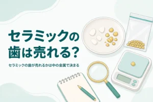 小皿の上の白い陶器のかけらと金色の金属片、小袋とはかり、「セラミックの歯は売れる？」の文字