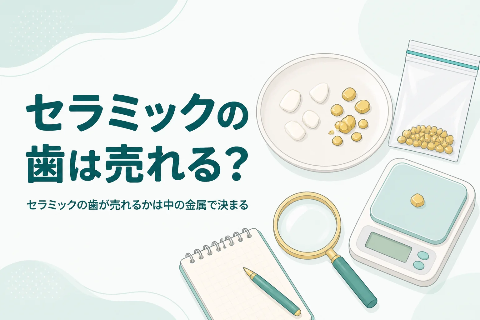 小皿の上の白い陶器のかけらと金色の金属片、小袋とはかり、「セラミックの歯は売れる?」の文字