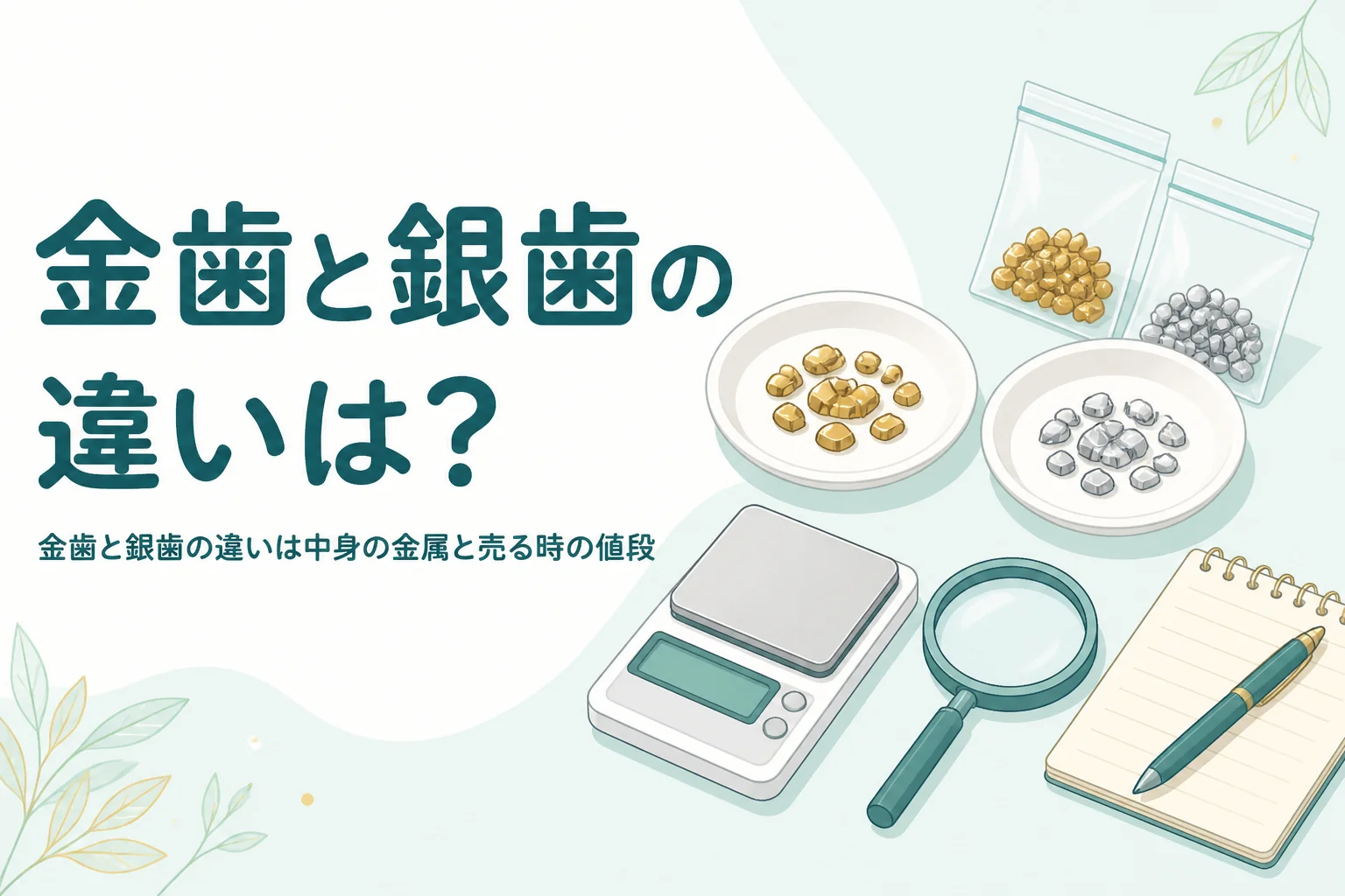 小皿に分けた金色と銀色の小さな金属片、「金歯と銀歯の違いは？」の文字