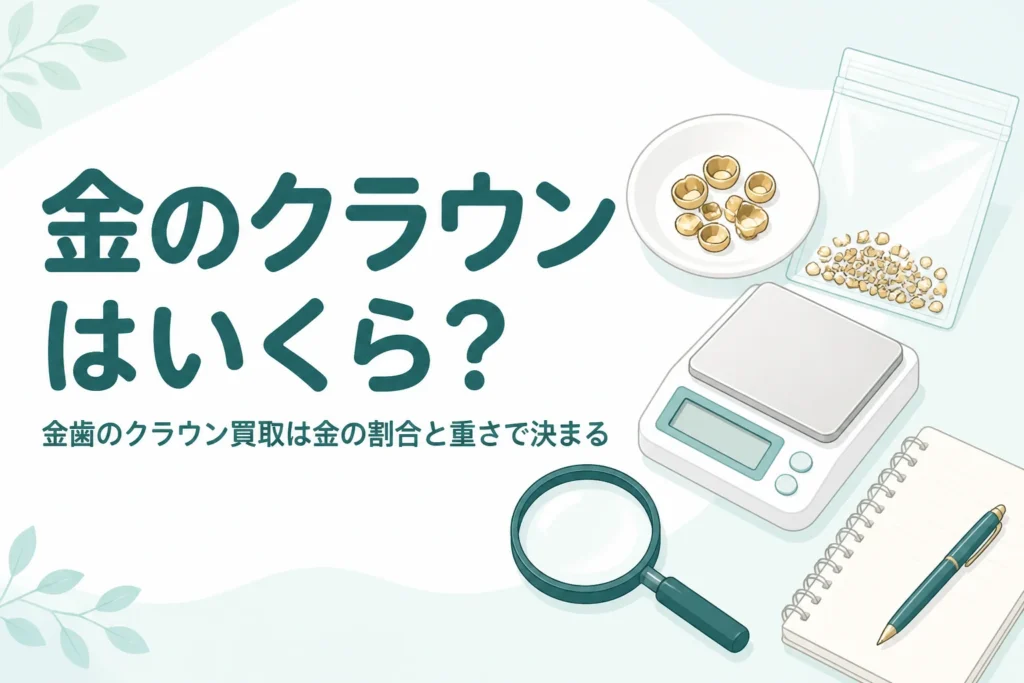 小皿の上の小さなお椀形の金色の金属片とはかり、「金のクラウンはいくら？」の文字
