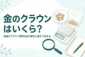 小皿の上の小さなお椀形の金色の金属片とはかり、「金のクラウンはいくら？」の文字