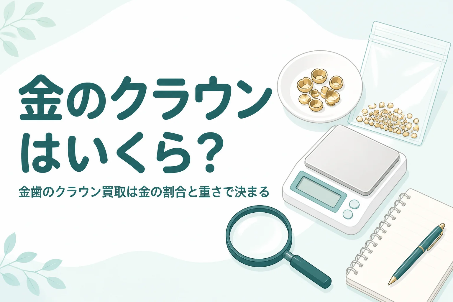 小皿の上の小さなお椀形の金色の金属片とはかり、「金のクラウンはいくら?」の文字