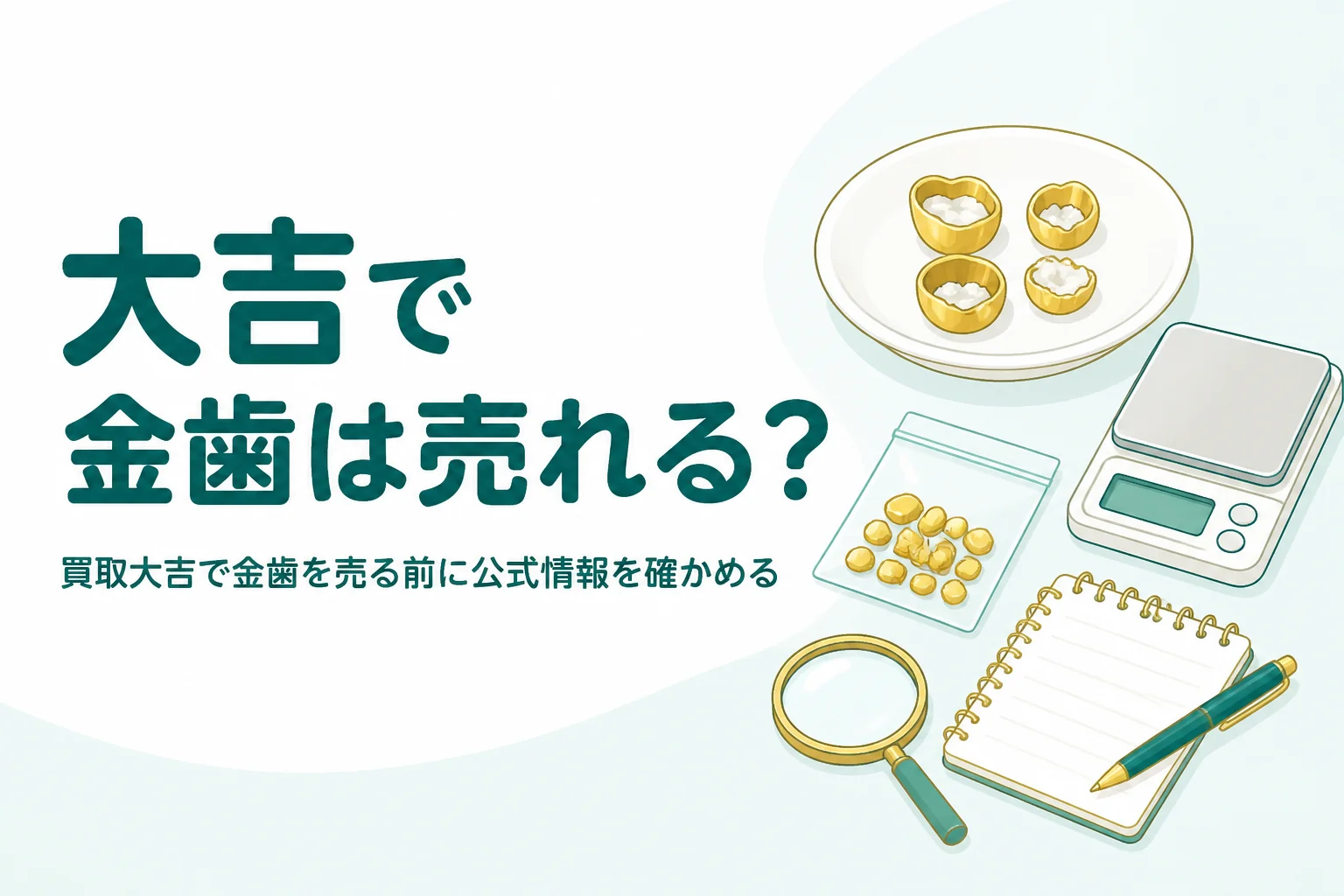 小皿の上の金色の金属片とはかり、「大吉で金歯は売れる?」の文字