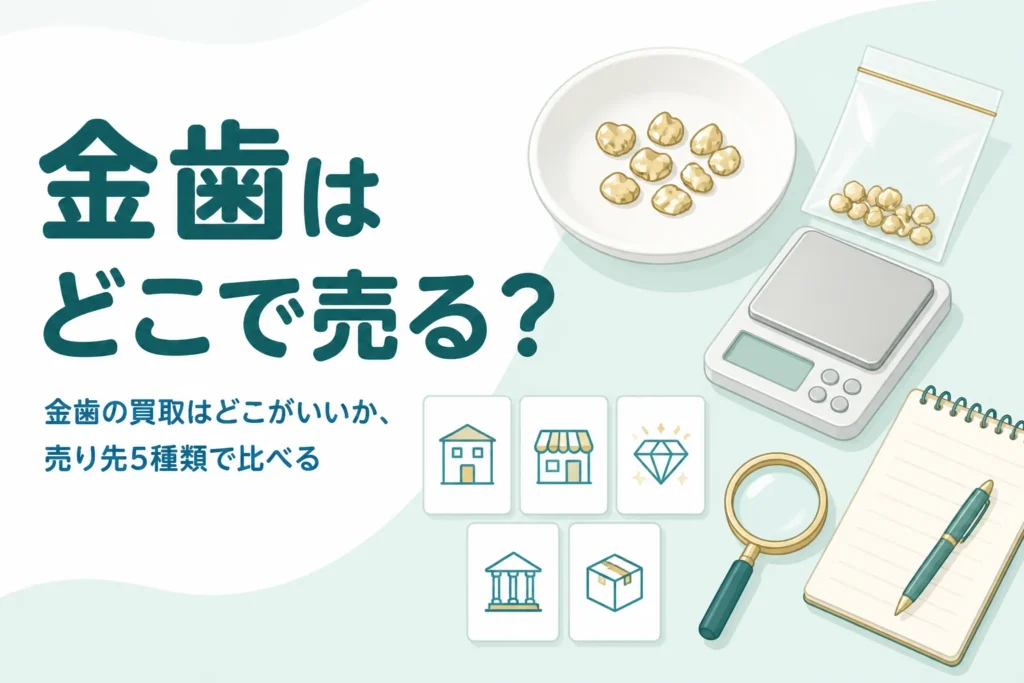 小皿の上の金色の金属片とはかり、「金歯はどこで売る？」の文字
