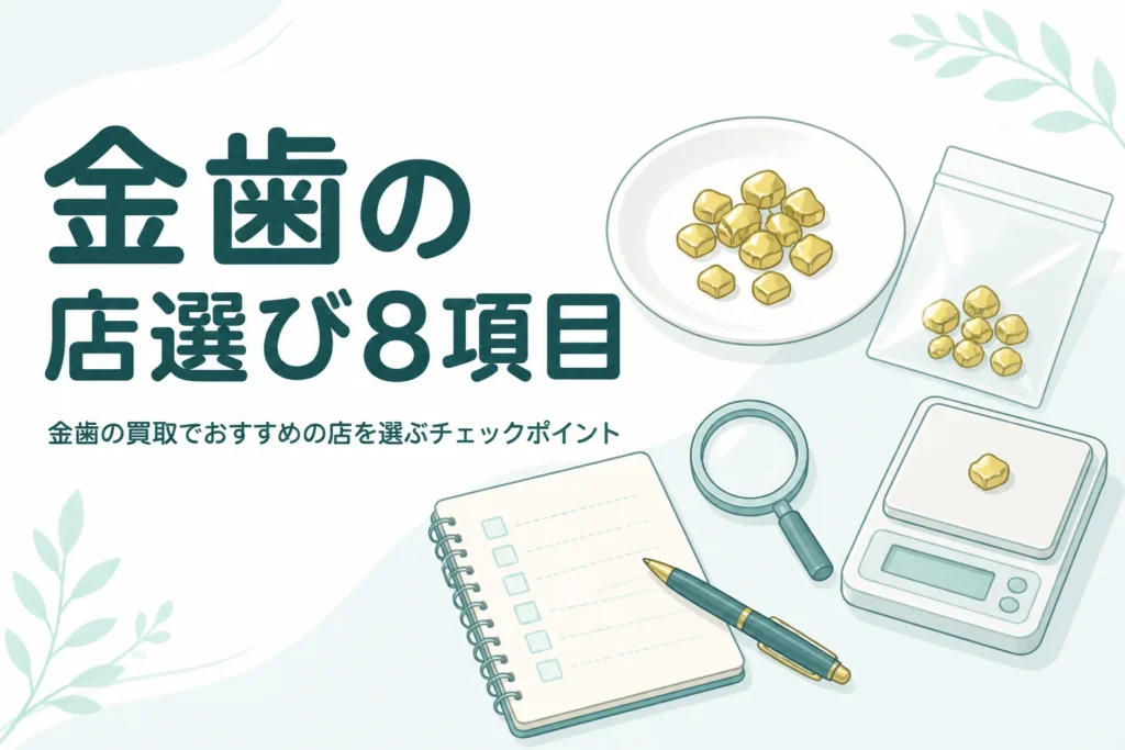 小皿の上の金色の金属片とチェックリストのメモ、「金歯の店選び8項目」の文字
