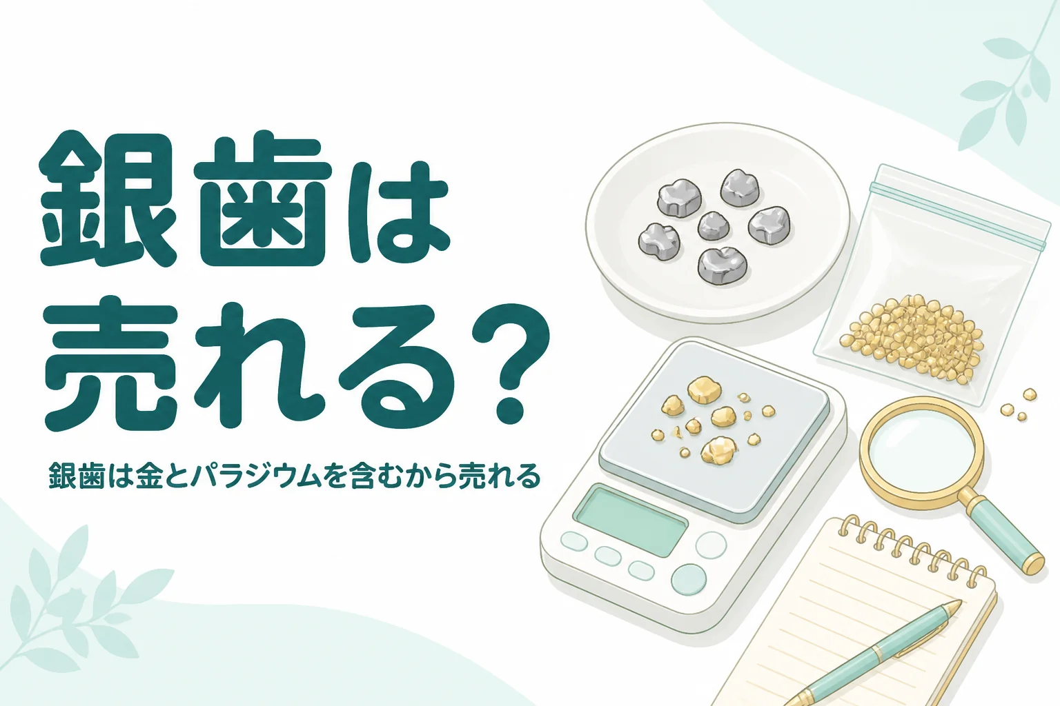小皿の上の小さな銀色の金属片と小袋、はかり、「銀歯は売れる?」の文字