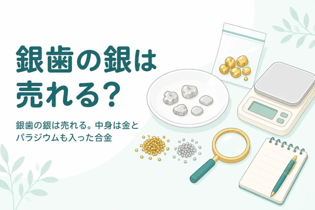 小皿にのせた小さな銀色の金属片と金属の粒、「銀歯の銀は売れる？」の文字