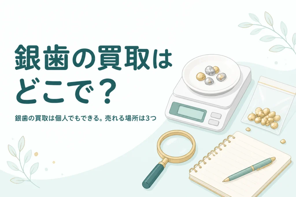 小皿にのせた小さな銀色の金属片とはかり、「銀歯の買取はどこで？」の文字
