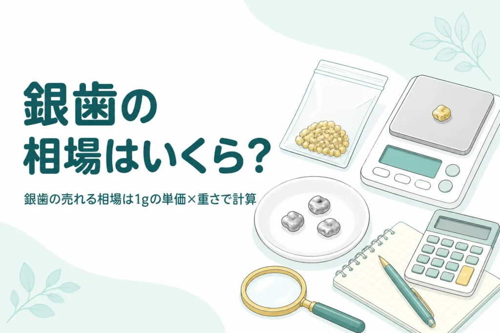 小皿の上の小さな銀色の金属片と小袋、はかり、電卓、「銀歯の相場はいくら？」の文字