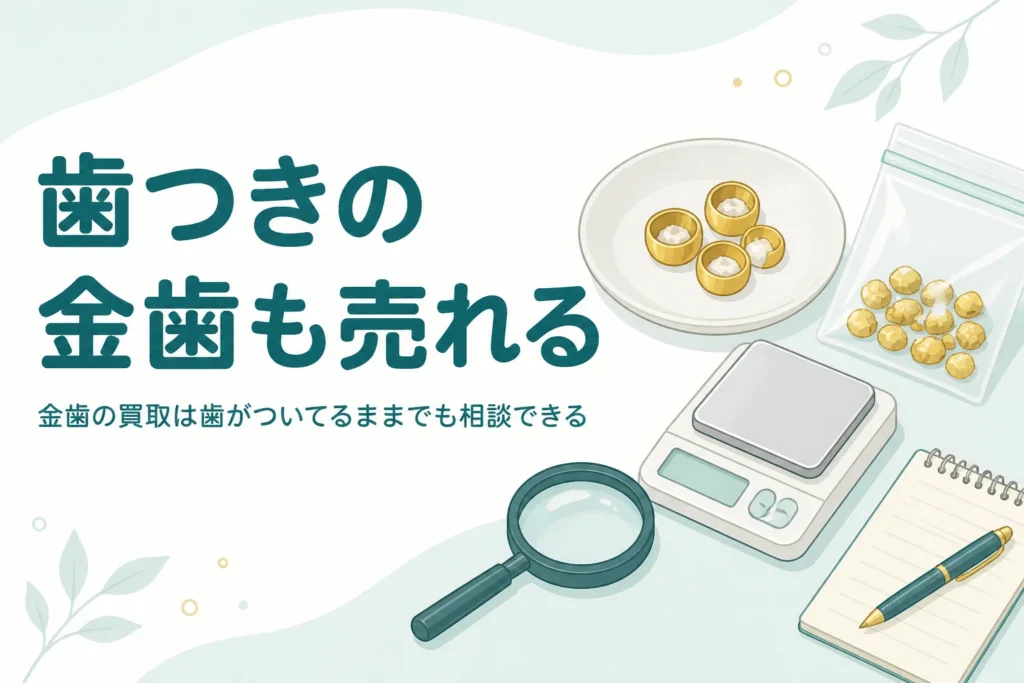 小皿の上の白いかけらが残った金色の金属片とはかり、「歯つきの金歯も売れる」の文字