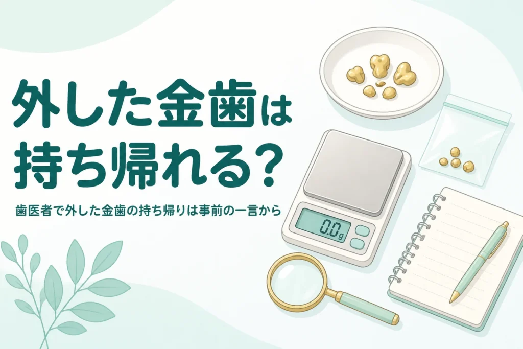 小皿の上の小さな金色の金属片と小袋、はかり、「外した金歯は持ち帰れる？」の文字