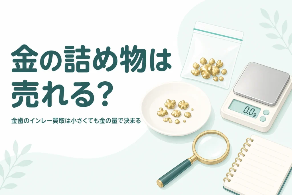 小皿の上のごく小さな金色の金属片と小袋、はかり、「金の詰め物は売れる？」の文字