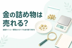 小皿の上のごく小さな金色の金属片と小袋、はかり、「金の詰め物は売れる？」の文字