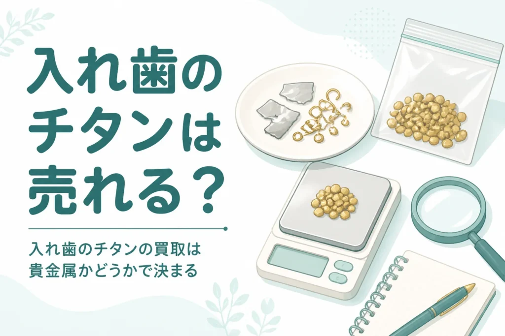 小皿の上の銀色と金色の小さな金属パーツと小袋、はかり、「入れ歯のチタンは売れる？」の文字
