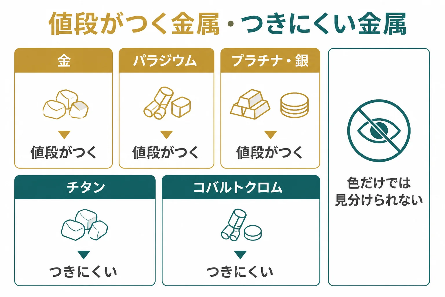 入れ歯に使われる金属を値段がつく貴金属とつきにくい金属に分けた図解