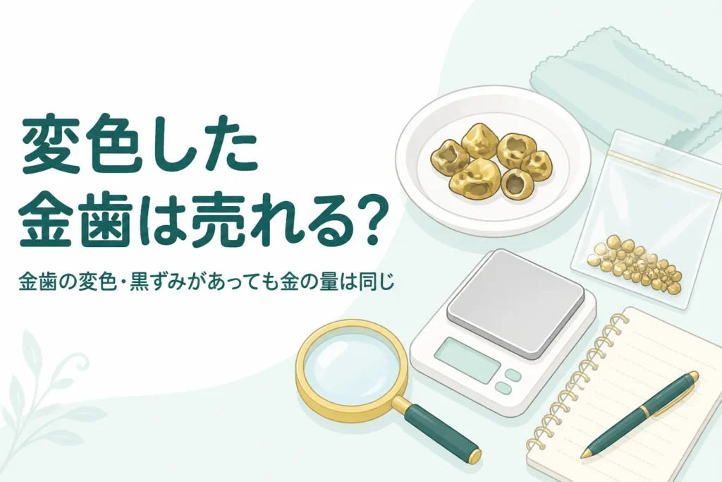 小皿の上の少しくすんだ小さな金色の金属片とやわらかい布、「変色した金歯は売れる？」の文字