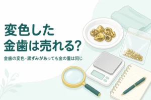 小皿の上の少しくすんだ小さな金色の金属片とやわらかい布、「変色した金歯は売れる？」の文字