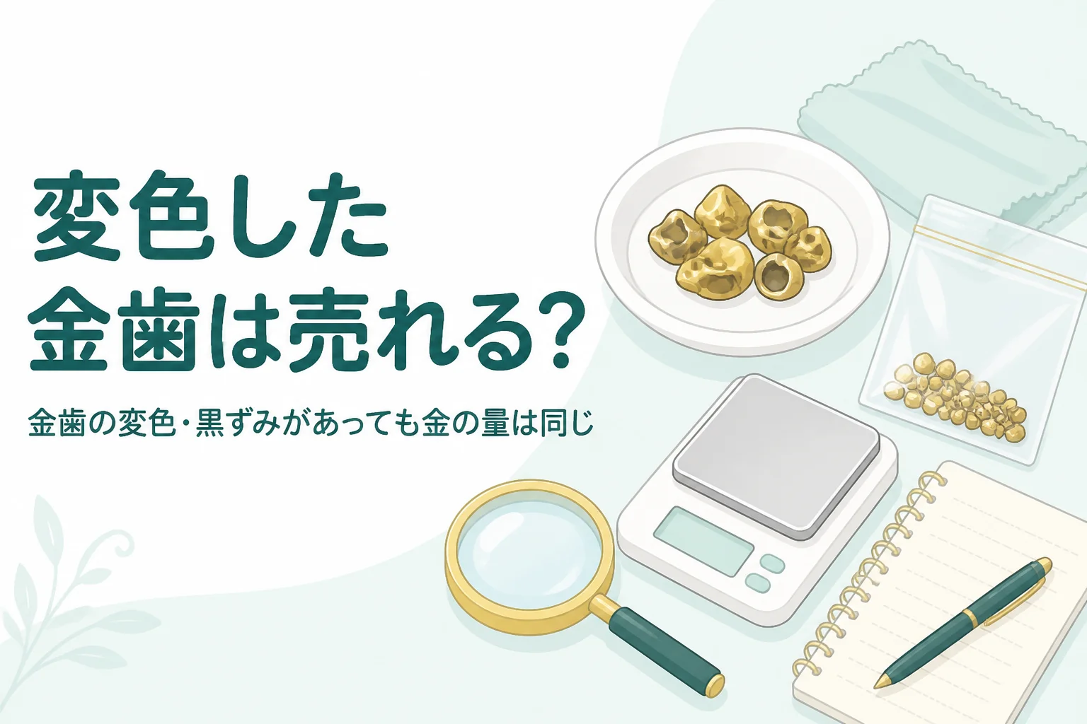 小皿の上の少しくすんだ小さな金色の金属片とやわらかい布、「変色した金歯は売れる?」の文字