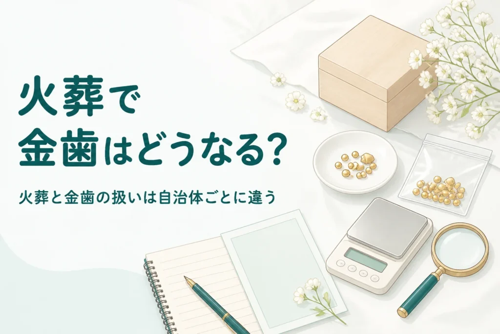 白い布の上の小さな桐箱と白い小花、「火葬で金歯はどうなる？」の文字