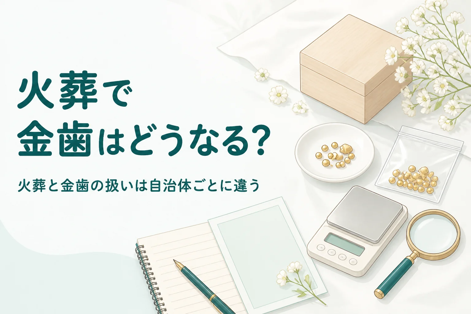 白い布の上の小さな桐箱と白い小花、「火葬で金歯はどうなる?」の文字