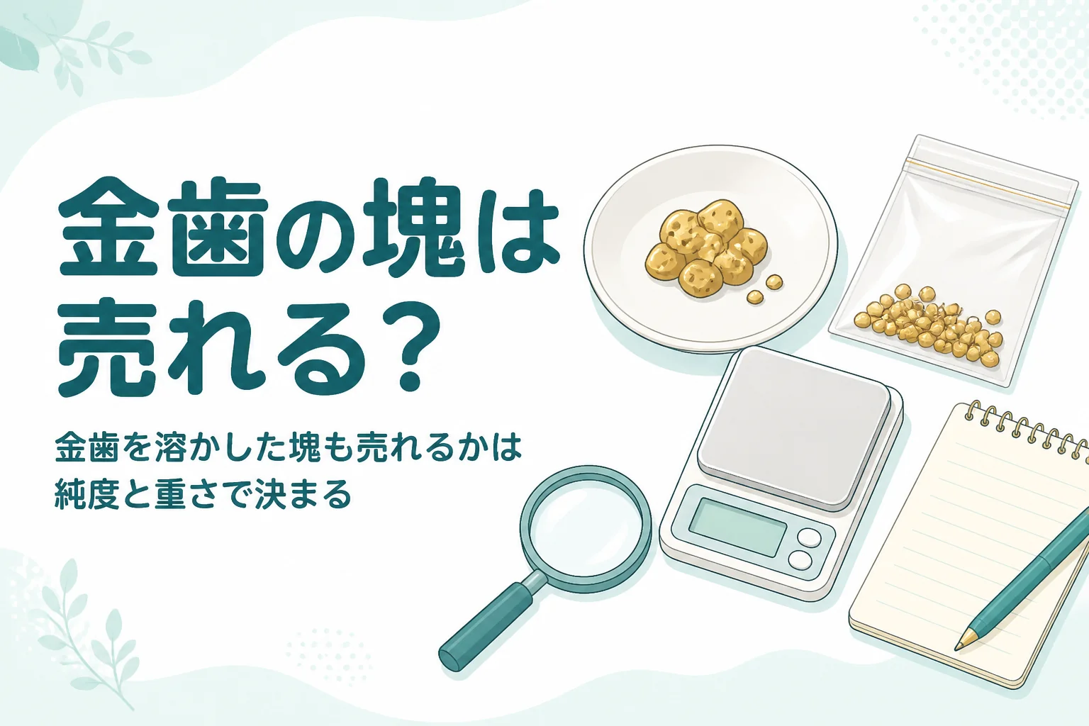 小皿の上のいびつな形の金色の金属の塊とはかり、「金歯の塊は売れる？」の文字