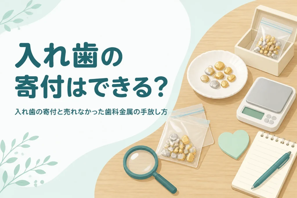 テーブルの上の金属片の小袋と紙箱、メモ用紙、「入れ歯の寄付はできる？」の文字