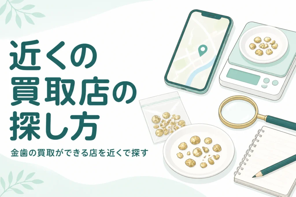 小皿の上の金色の金属片と地図を映したスマートフォン、「近くの買取店の探し方」の文字
