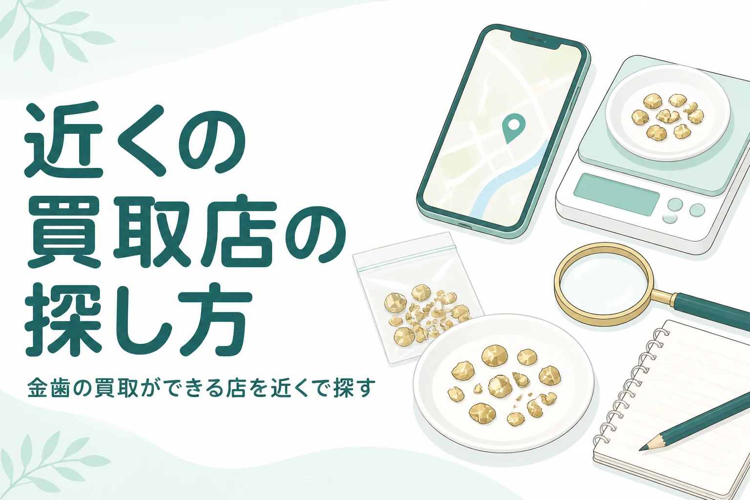 小皿の上の金色の金属片と地図を映したスマートフォン、「近くの買取店の探し方」の文字