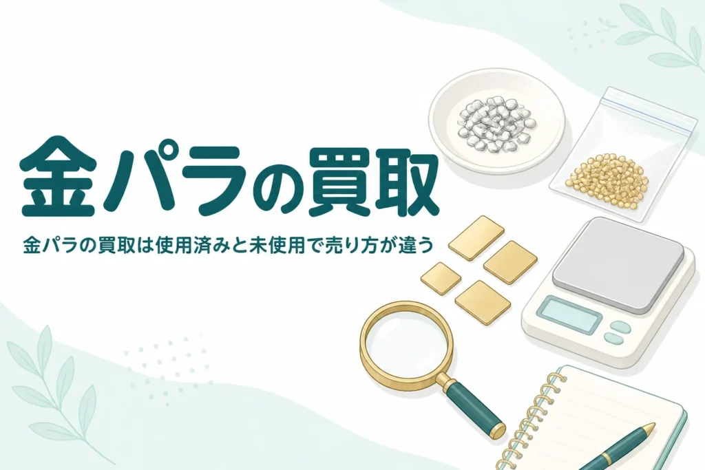 小皿の銀色の金属片と無地の小さな金属板、「金パラの買取」の文字
