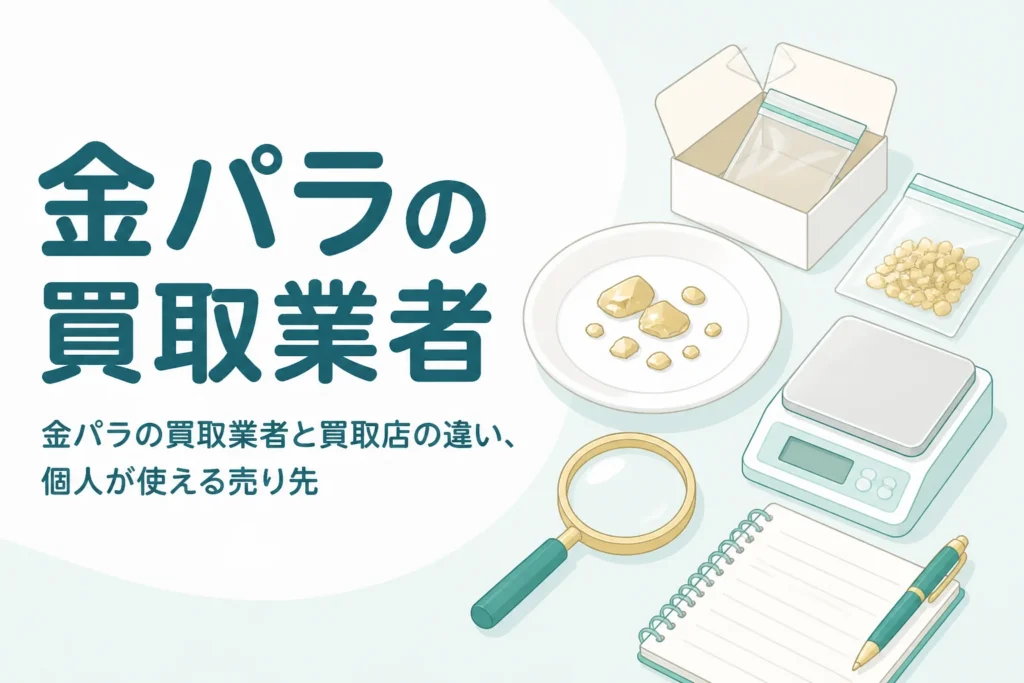 小皿にのせた小さな銀色の金属片と宅配用の小箱、「金パラの買取業者」の文字
