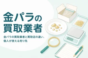小皿にのせた小さな銀色の金属片と宅配用の小箱、「金パラの買取業者」の文字