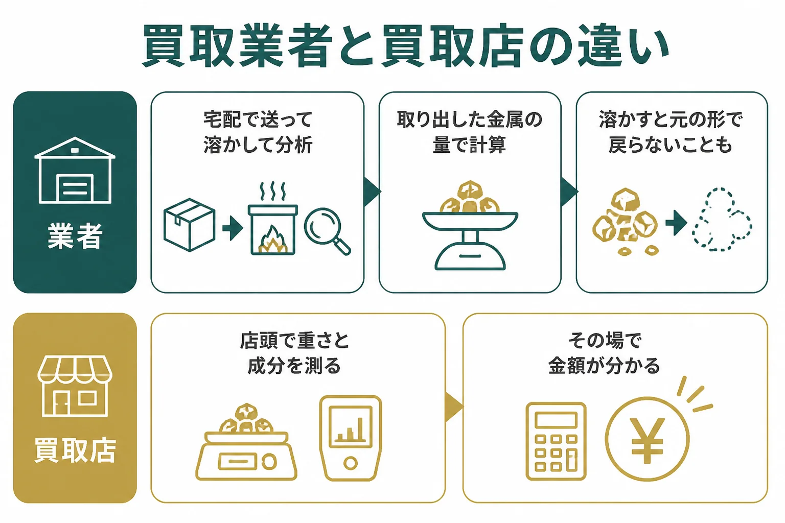 金パラの買取業者と貴金属の買取店の違いを比べた図解