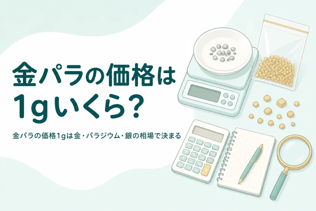 小皿の銀色の金属片とはかり・電卓、「金パラの価格は1gいくら？」の文字
