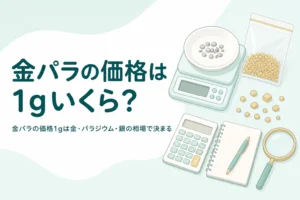 小皿の銀色の金属片とはかり・電卓、「金パラの価格は1gいくら？」の文字