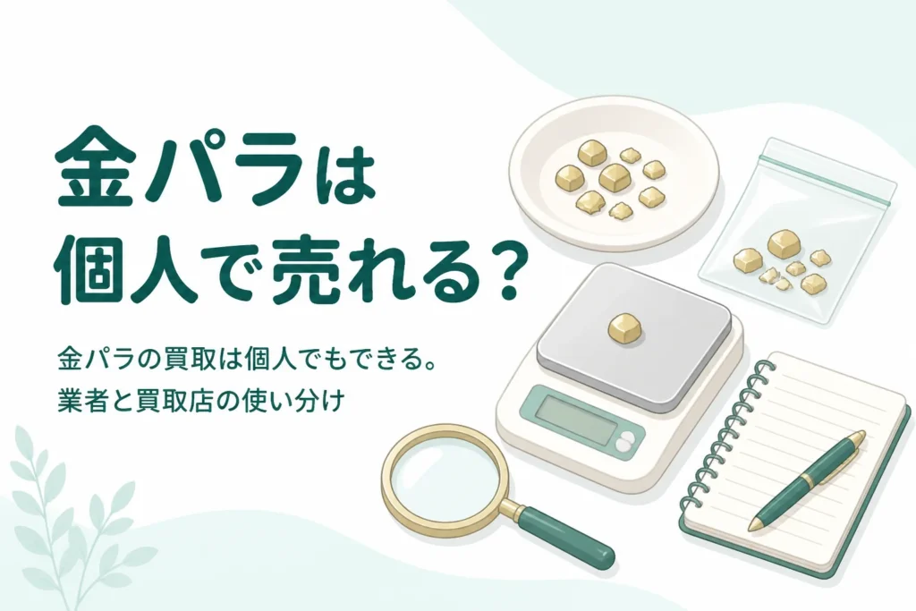 小皿にのせた小さな銀色の金属片とはかり、「金パラは個人で売れる？」の文字