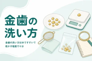小皿の上の金色の金属片と茶こし・布・小袋、「金歯の洗い方」の文字