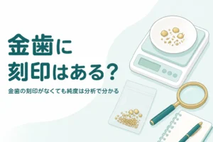 小皿の上の小さな金色の金属片とルーペ、「金歯に刻印はある？」の文字