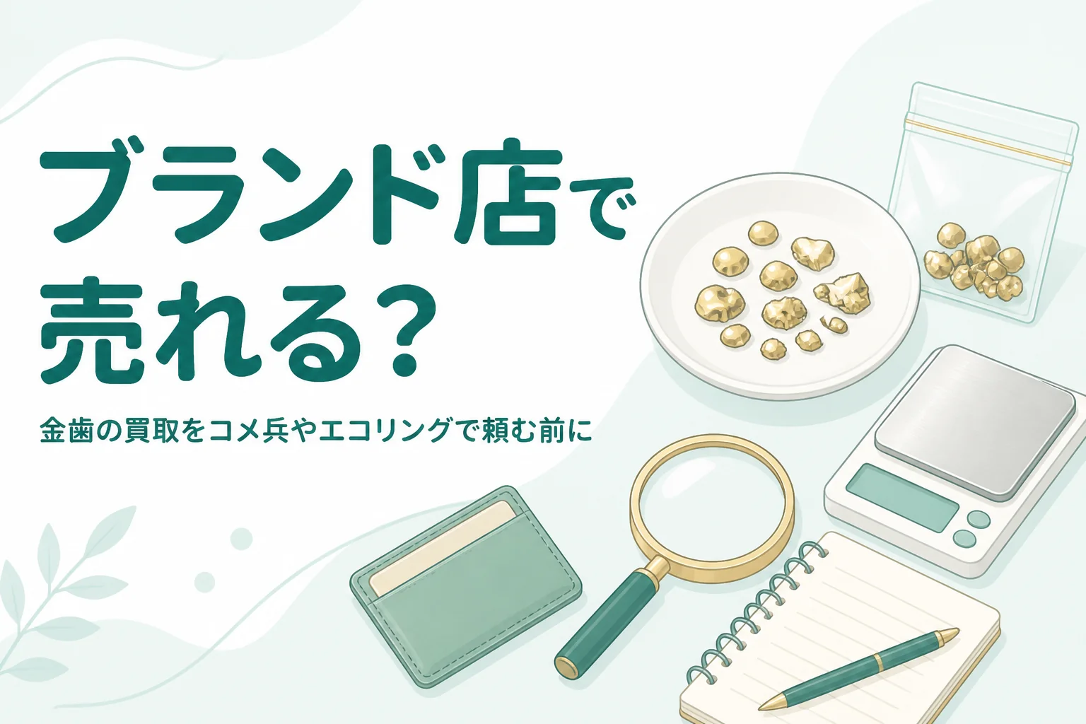 小皿の上の金色の金属片と小袋、革小物、「ブランド店で売れる？」の文字