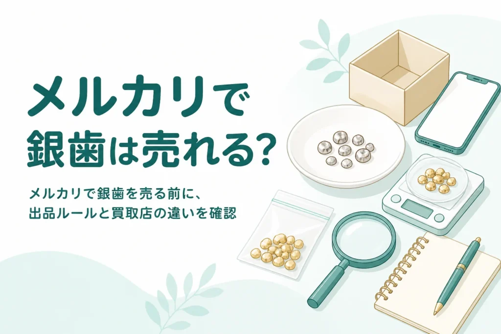 小皿にのせた小さな銀色の金属片と小箱、「メルカリで銀歯は売れる？」の文字