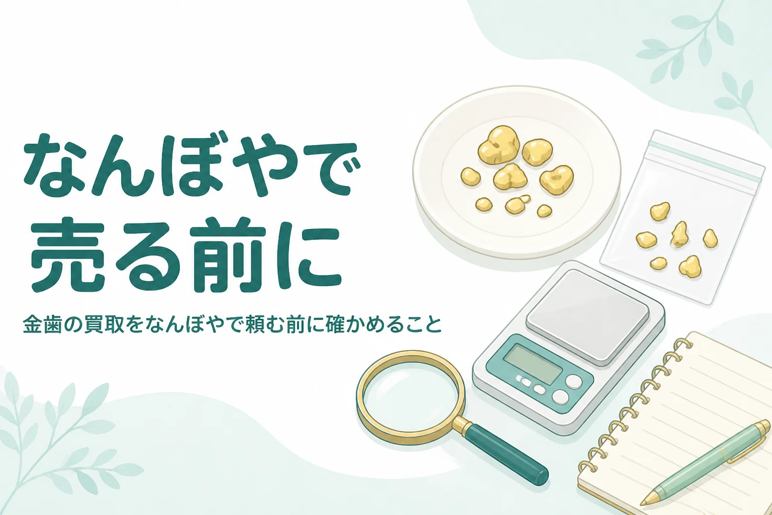 小皿の上の金色の金属片とはかり、「なんぼやで売る前に」の文字