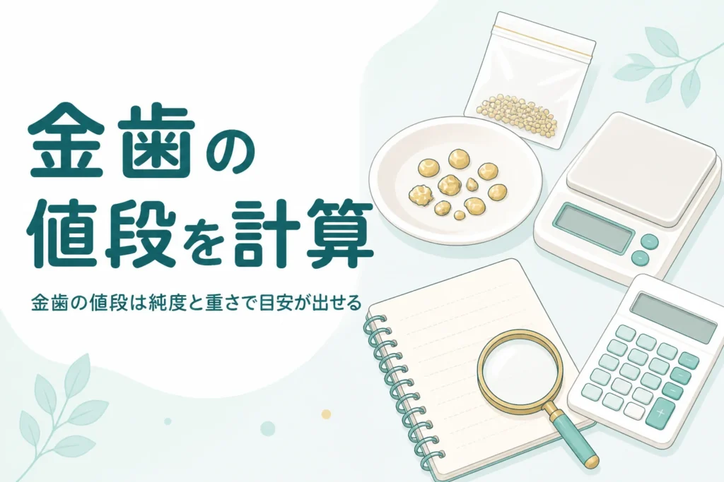 金歯の値段を計算するアイキャッチ。金色の金属片とはかりと電卓