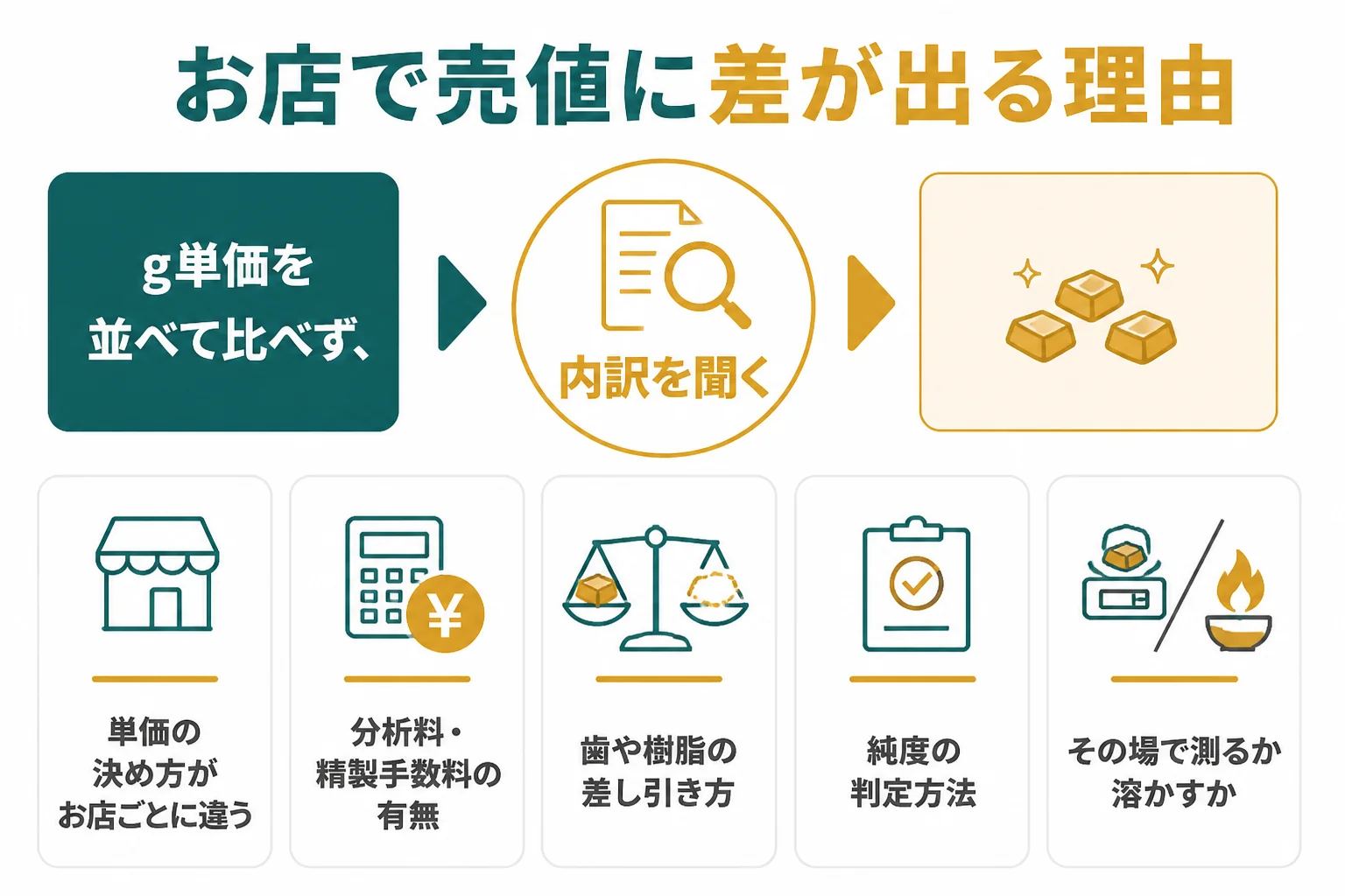 お店で金歯の売値に差が出る理由を示した図解