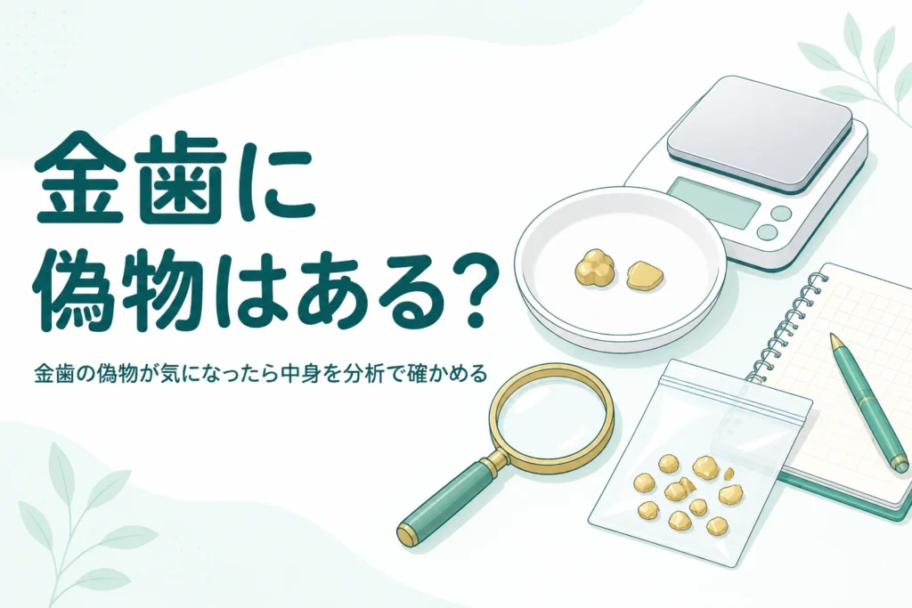 小皿の上の小さな金色の金属片とルーペ、「金歯に偽物はある？」の文字