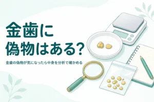 小皿の上の小さな金色の金属片とルーペ、「金歯に偽物はある？」の文字